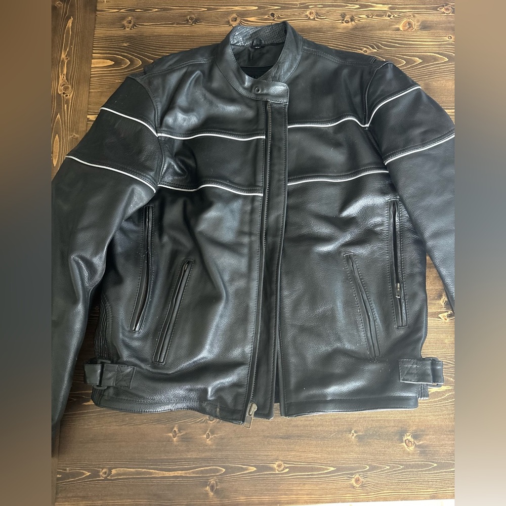 Pro-Rider Black Leather Jacket with White Piping